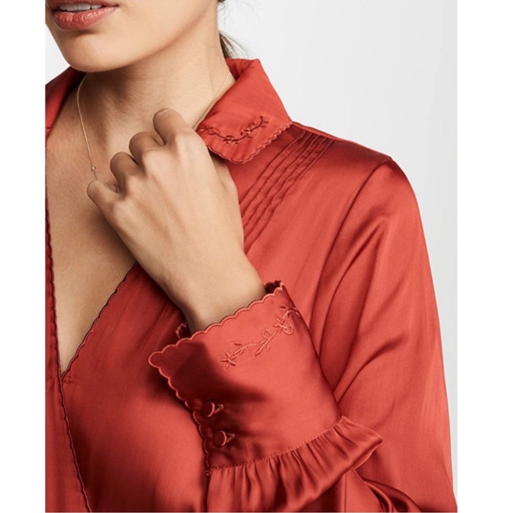 PAIGE Parisa Red Satin Ruffled Scalloped Cross-Front Wrap Dress Size Small - Picture 3 of 10
